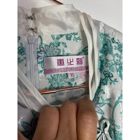 Traditional Chinese Beaded Flower Lace Mesh Embroidery Cheongsam Dress Green XL - Picture 10 of 15